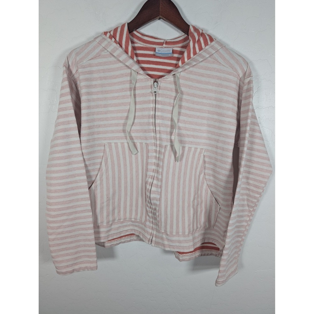 Columbia Hoodie Womens Medium Pink White Striped Full Zip Cotton Blend Jacket